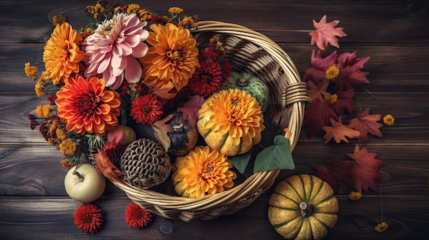 Un cesto di fiori e zucche su un tavolo