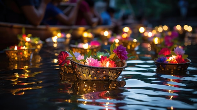 un cesto di fiori galleggia nell'acqua con il riflesso di una donna nell'acqua.