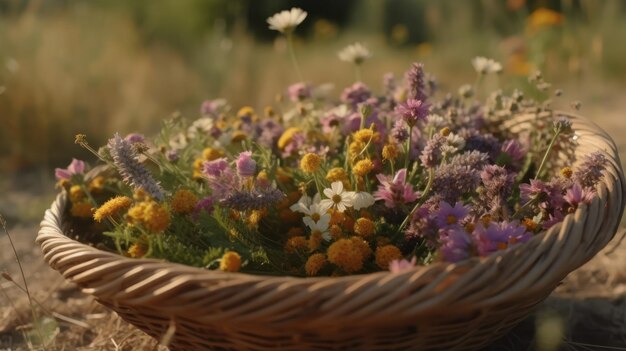 Un cesto di fiori in un campo