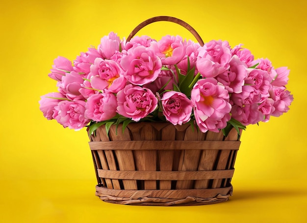 Un cesto di fiori rosa con un manico che dice tulipani.