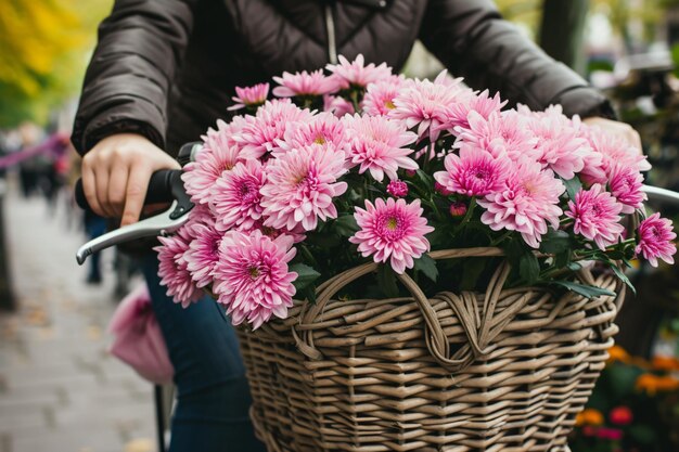 un cesto di fiori rosa con una persona in bicicletta