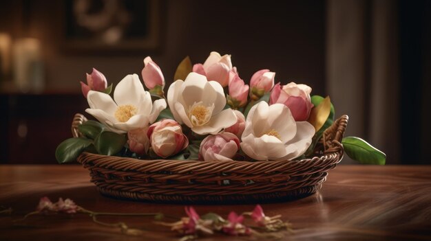 Un cesto di fiori su un tavolo con sopra un fiore