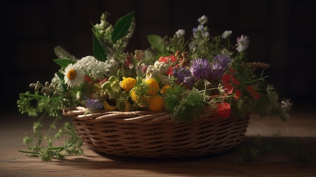 Un cesto di fiori su un tavolo