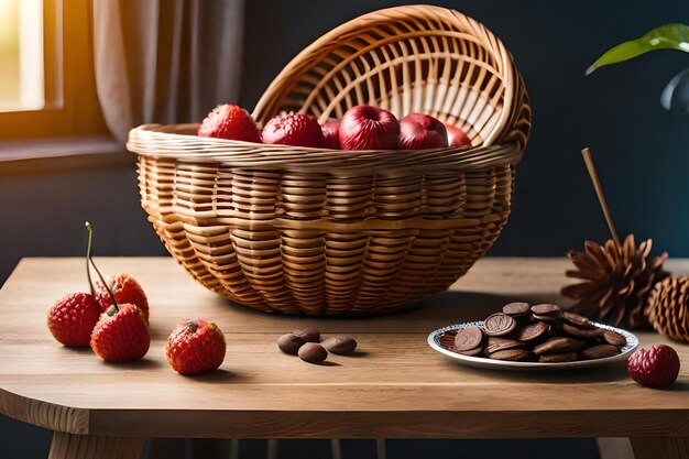 Un cesto di fragole e cioccolatini su un tavolo