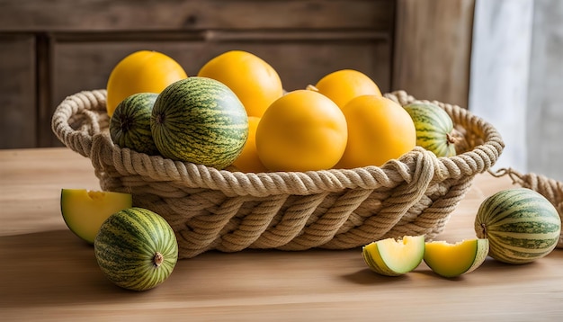 un cesto di frutta che include melone d'acqua, limoni e melone