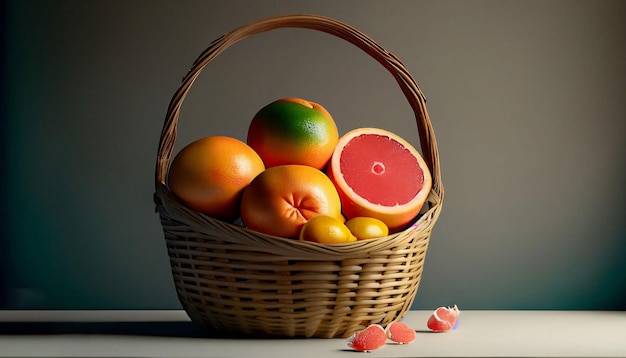 Un cesto di frutta con dentro un pompelmo