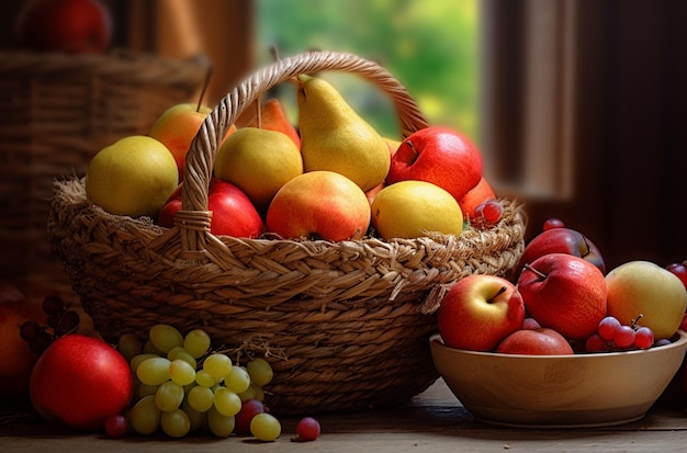 Un cesto di frutta con un cesto di mele sullo sfondo