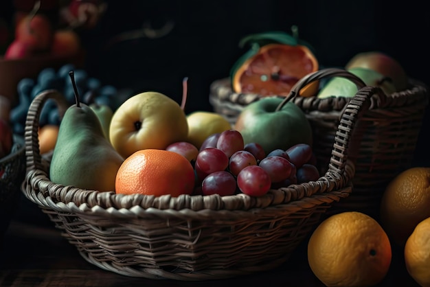 Un cesto di frutta con una pera al centro