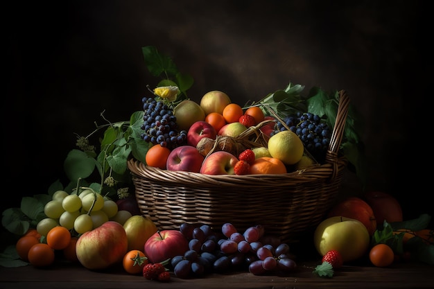 Un cesto di frutta con uno sfondo scuro