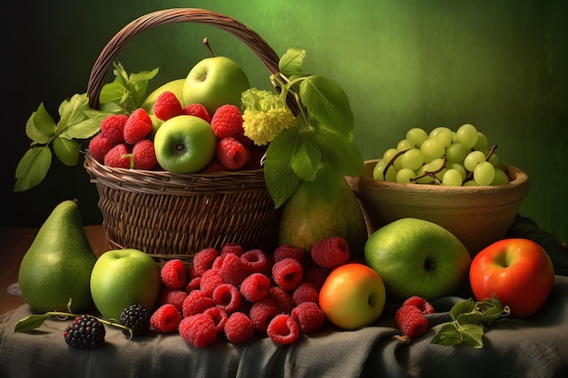 Un cesto di frutta con uno sfondo verde