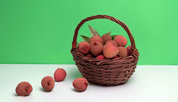 Un cesto di frutta di litchi si trova su un tavolo.