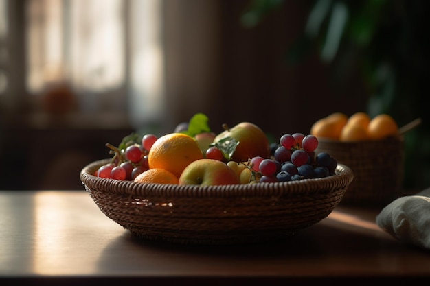 Un cesto di frutta è su un tavolo con un grappolo d'uva e arance.