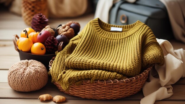 Un cesto di frutta e un maglione su un tavolo ai