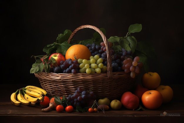 Un cesto di frutta e una banana con uno sfondo nero