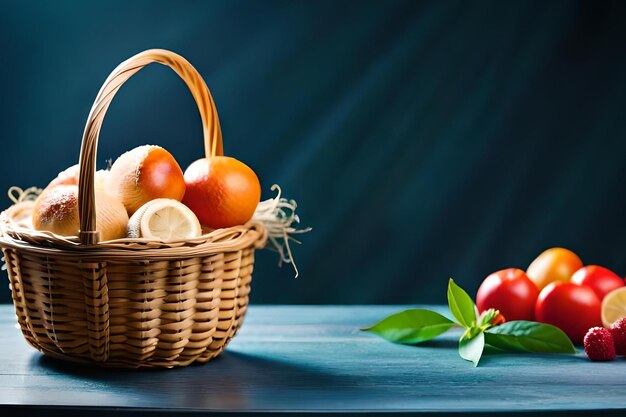 Un cesto di frutta si trova su un tavolo accanto a un pomodoro rosso.