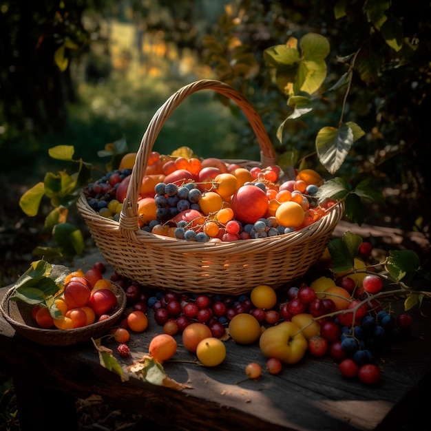 Un cesto di frutta si trova su un tavolo nel bosco.