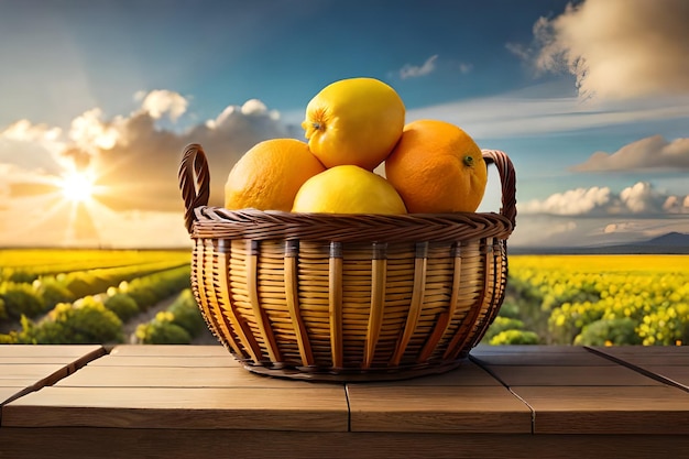 un cesto di frutta su un tavolo con un tramonto sullo sfondo