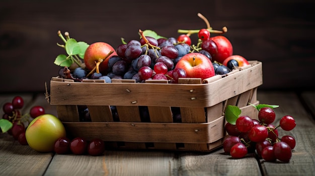 Un cesto di frutta su un tavolo di legno