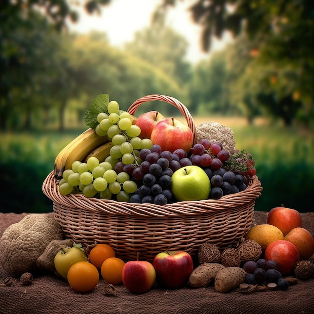 un cesto di frutta tra cui banane, mele e altri frutti.