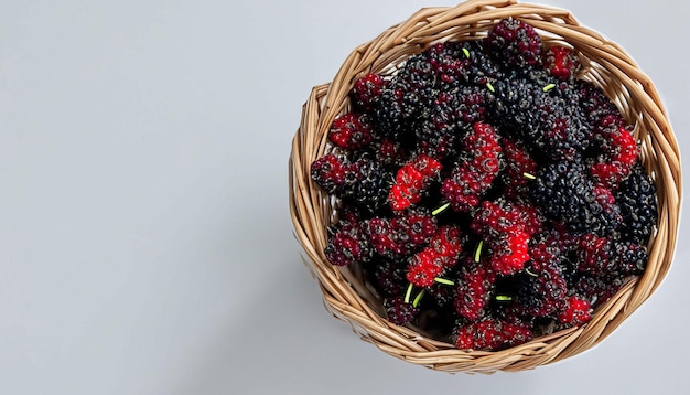 Un cesto di frutti di gelso si trova su un tavolo bianco.