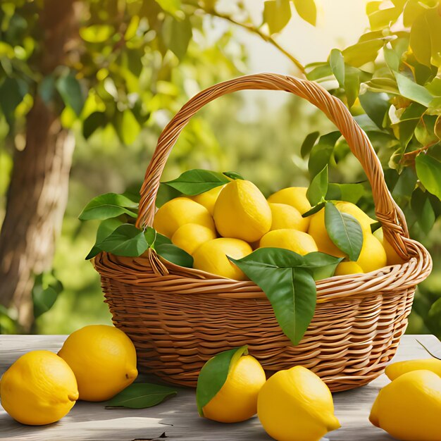 un cesto di limoni con un albero sullo sfondo