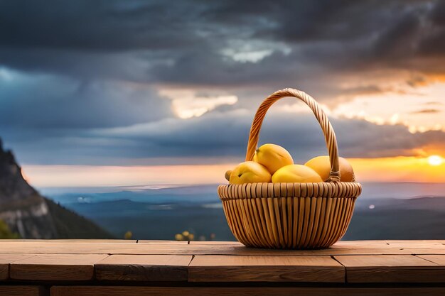 un cesto di limoni e limoni su un tavolo al tramonto.