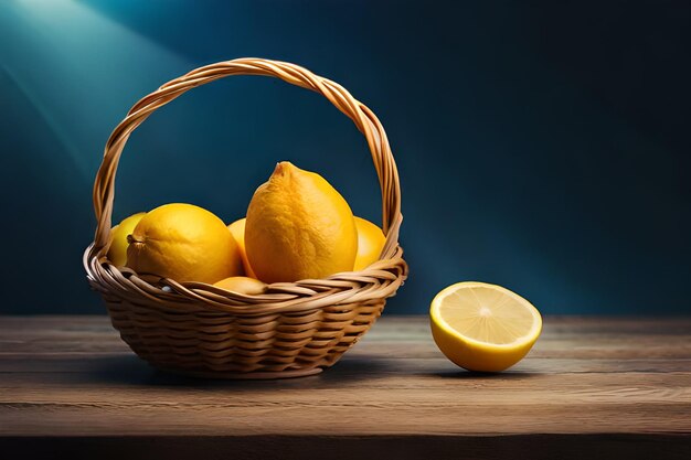 un cesto di limoni e un limone su uno sfondo blu