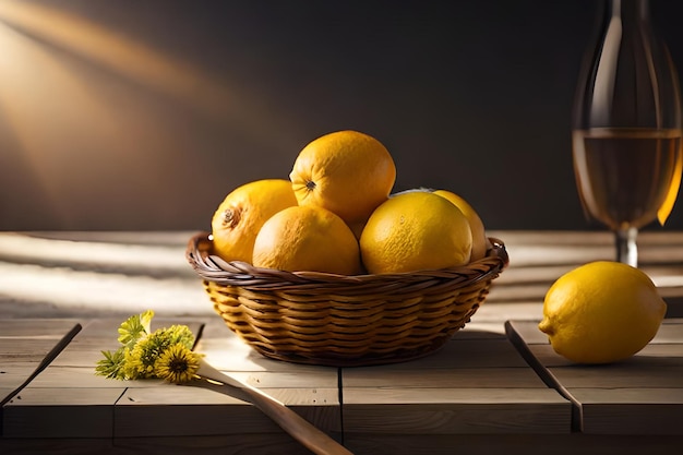 Un cesto di limoni su un tavolo con un fiore giallo sullo sfondo