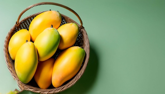 Un cesto di manghi su uno sfondo verde