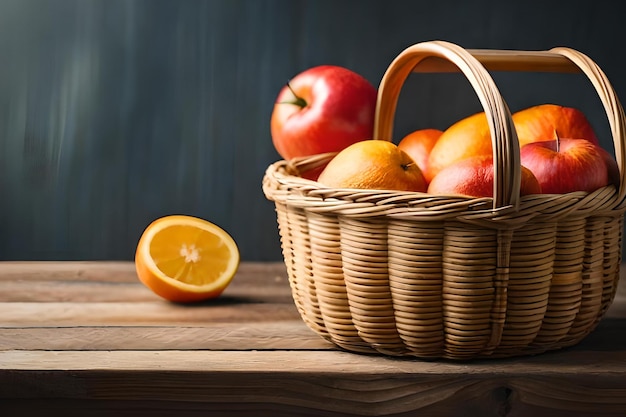 Un cesto di mele su un tavolo con mezza arancia.