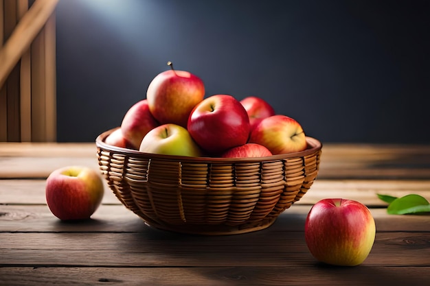 Un cesto di mele su un tavolo con uno sfondo scuro