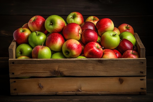 Un cesto di mele verdi e rosse in una scatola di legno
