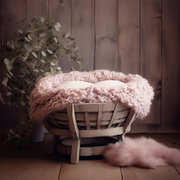 Un cesto di muschi riempito di un morbido strato riccio rosa pallido su un pavimento in legno rustico