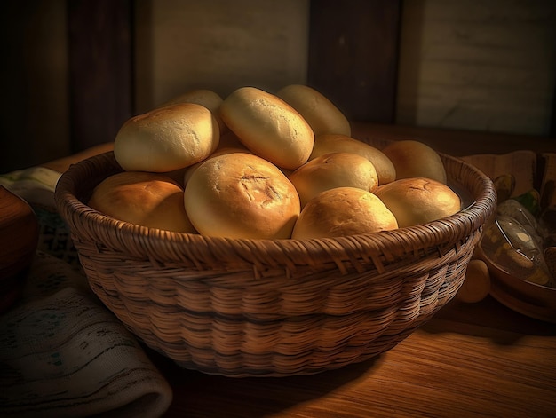 Un cesto di pane al formaggio è su un tavolo Spuntino brasiliano pao de queijo AI generato