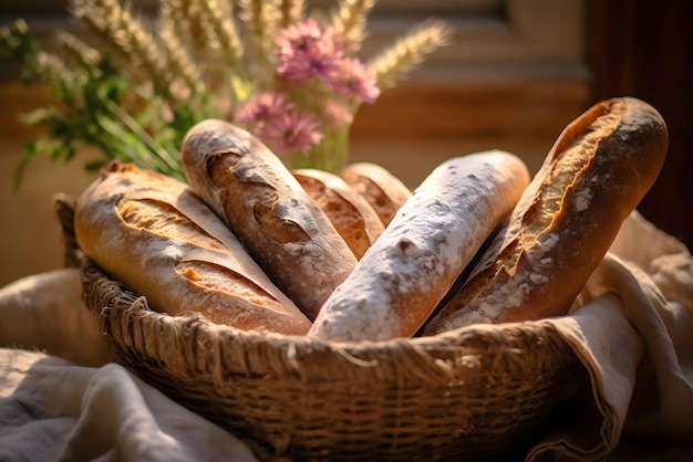 Un cesto di pane con un fiore viola sullo sfondo.