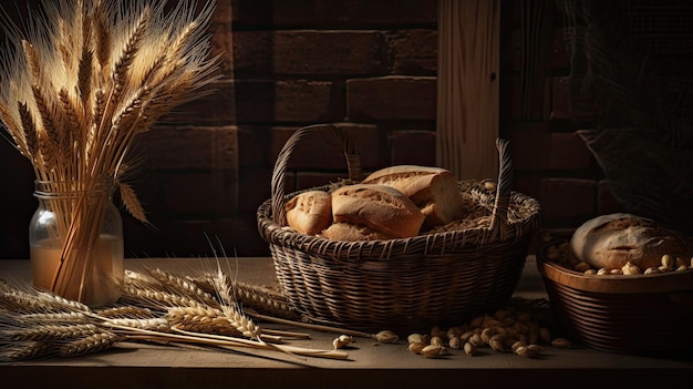 Un cesto di pane e grano su un tavolo