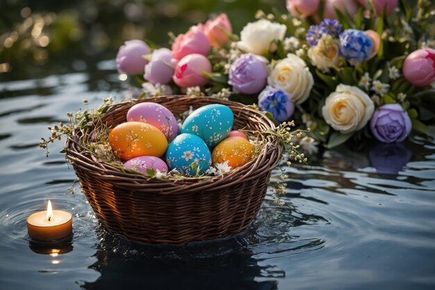 Un cesto di Pasqua con le uova in piedi nell'acqua con candele accese nelle vicinanze