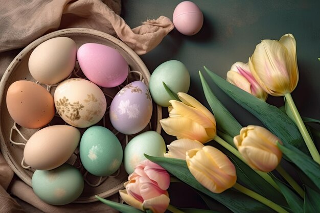Un cesto di Pasqua pieno di uova colorate e tulipani