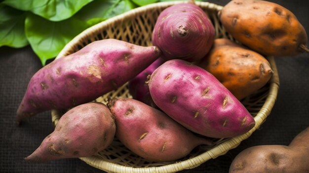 Un cesto di patate dolci viola e gialle