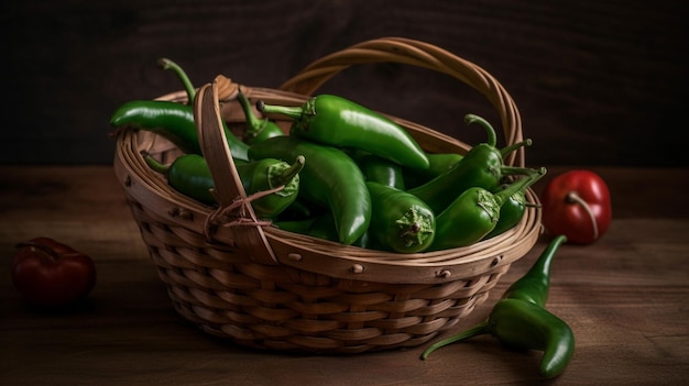 Un cesto di peperoncini verdi si trova su un tavolo.