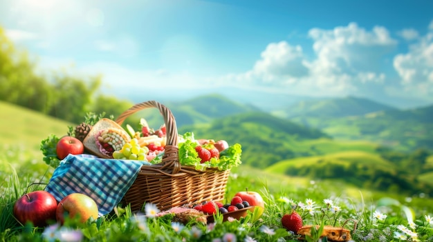 Un cesto di picnic con un pasto sano in un prato verde e lussureggiante