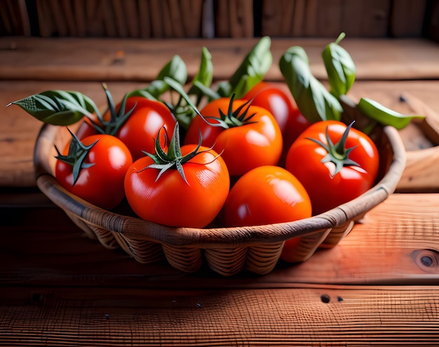 Un cesto di pomodori con foglie di basilico verde su un tavolo di legno.