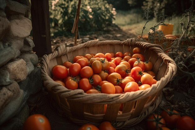 Un cesto di pomodori si trova su un tavolo davanti a una finestra.