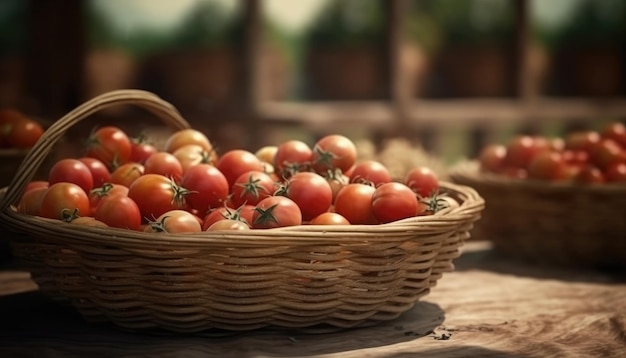 Un cesto di pomodori su un tavolo rustico di fondo del campo di pomodori IA generativa