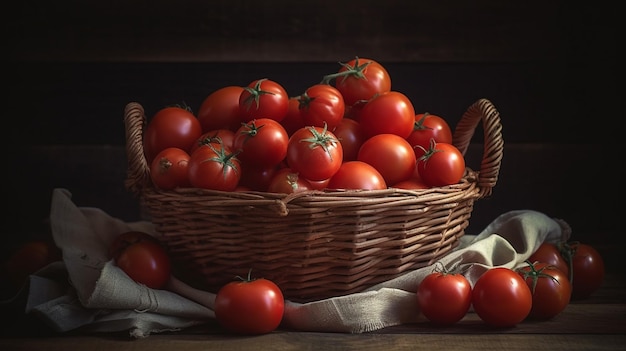 Un cesto di pomodori su un tavolo