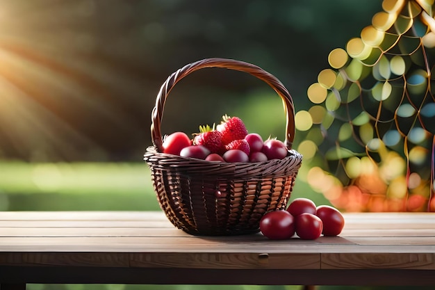 Un cesto di ribes rosso si trova su un tavolo davanti a uno sfondo sfocato.