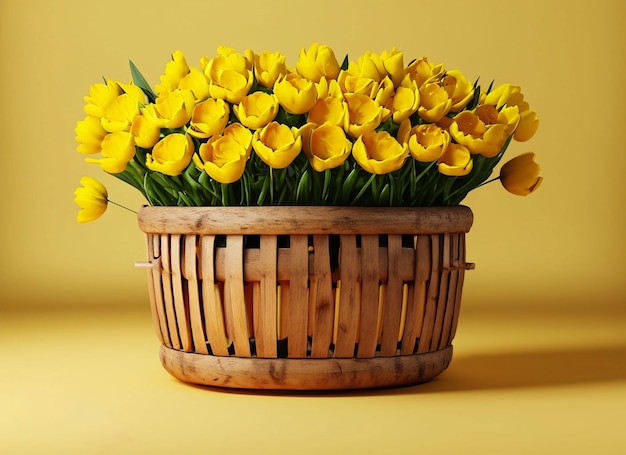 Un cesto di tulipani gialli è su uno sfondo giallo.