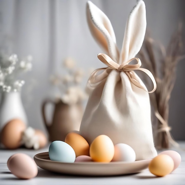 un cesto di uova con un arco su di esso e un vaso con fiori sullo sfondo