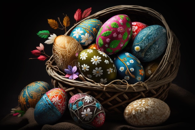 Un cesto di uova di Pasqua colorate con un disegno floreale sul fondo.