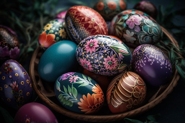 Un cesto di uova di Pasqua colorate con un motivo floreale sul davanti.